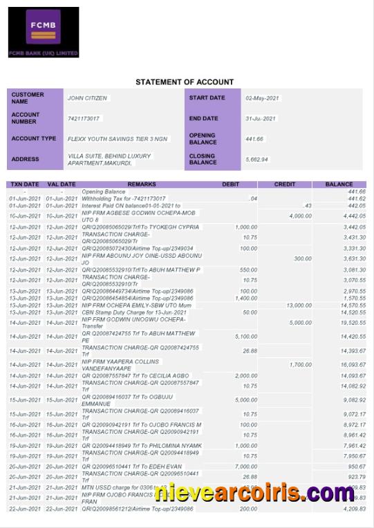 Nigeria FCMB bank statement Word and PDF, 6 pages